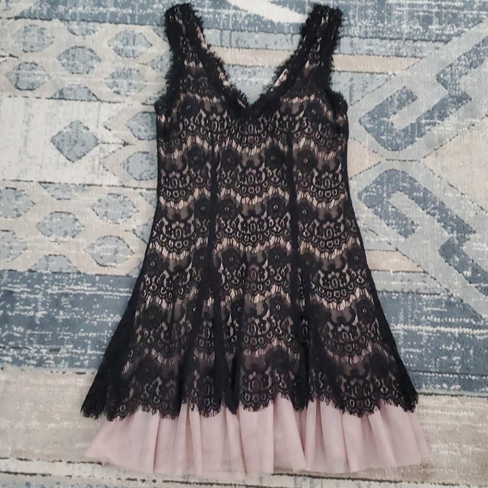 Betsy & Adam Black Lace and Nude dress